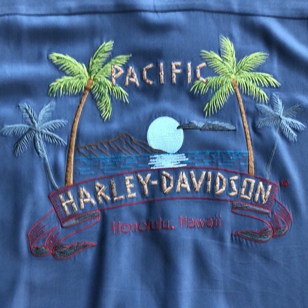 Harley Davidson Mens Blue Pacific Honolulu Hawaii Hawaiian Silk Shirt Size 3XL